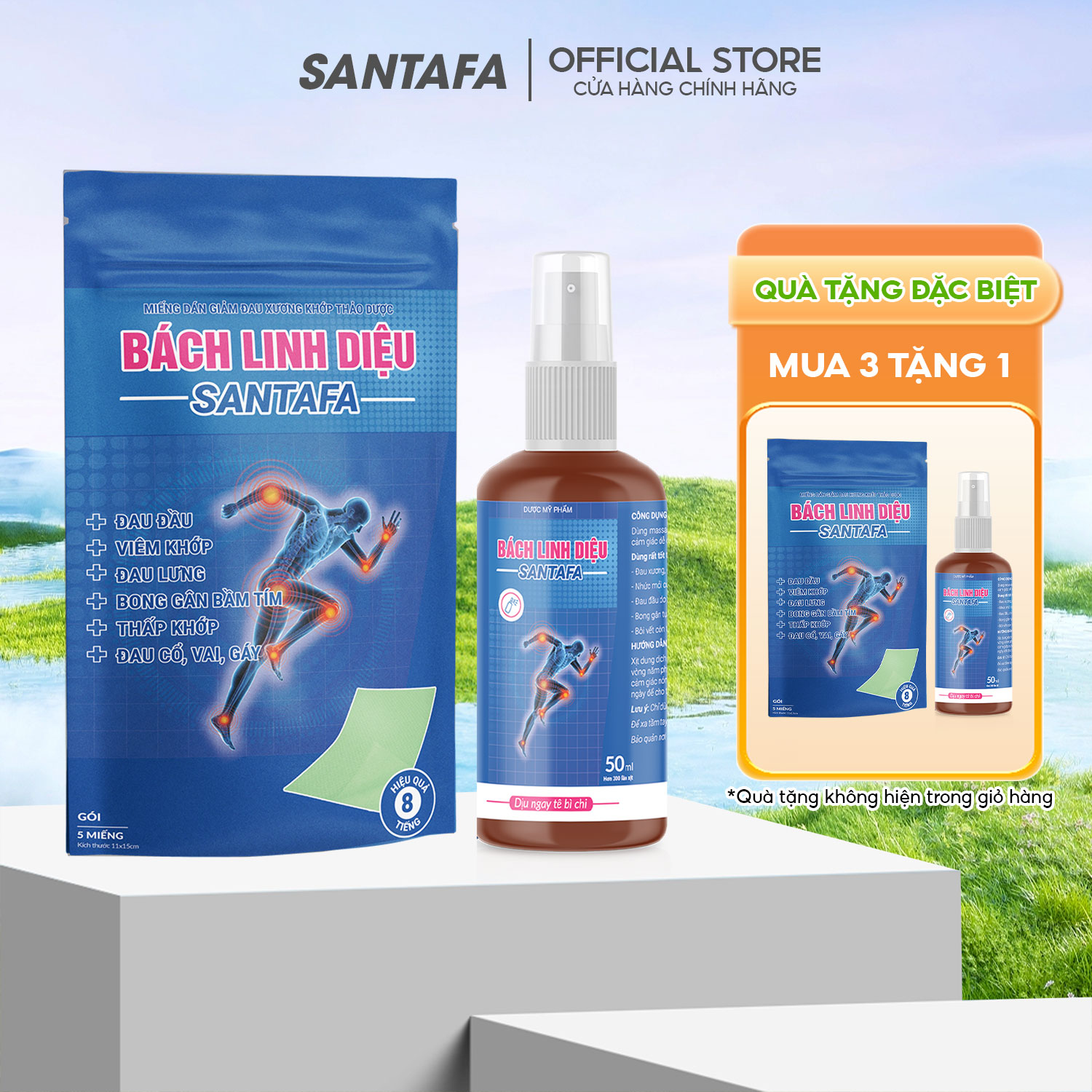 Bộ chai xịt và miếng dán giảm đau thảo dược bách linh diệu santafa