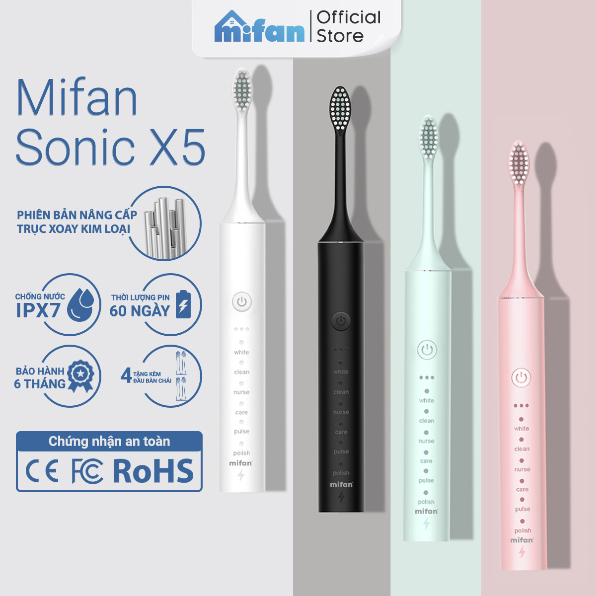 Bàn Chải Điện Mifan Sonic X5 Model 2024 - Bàn chải đánh răng máy sóng âm công nghệ Đức - Pin sạc USB, chống nước IPX7 - Tặng kèm 3 đầu bàn chải