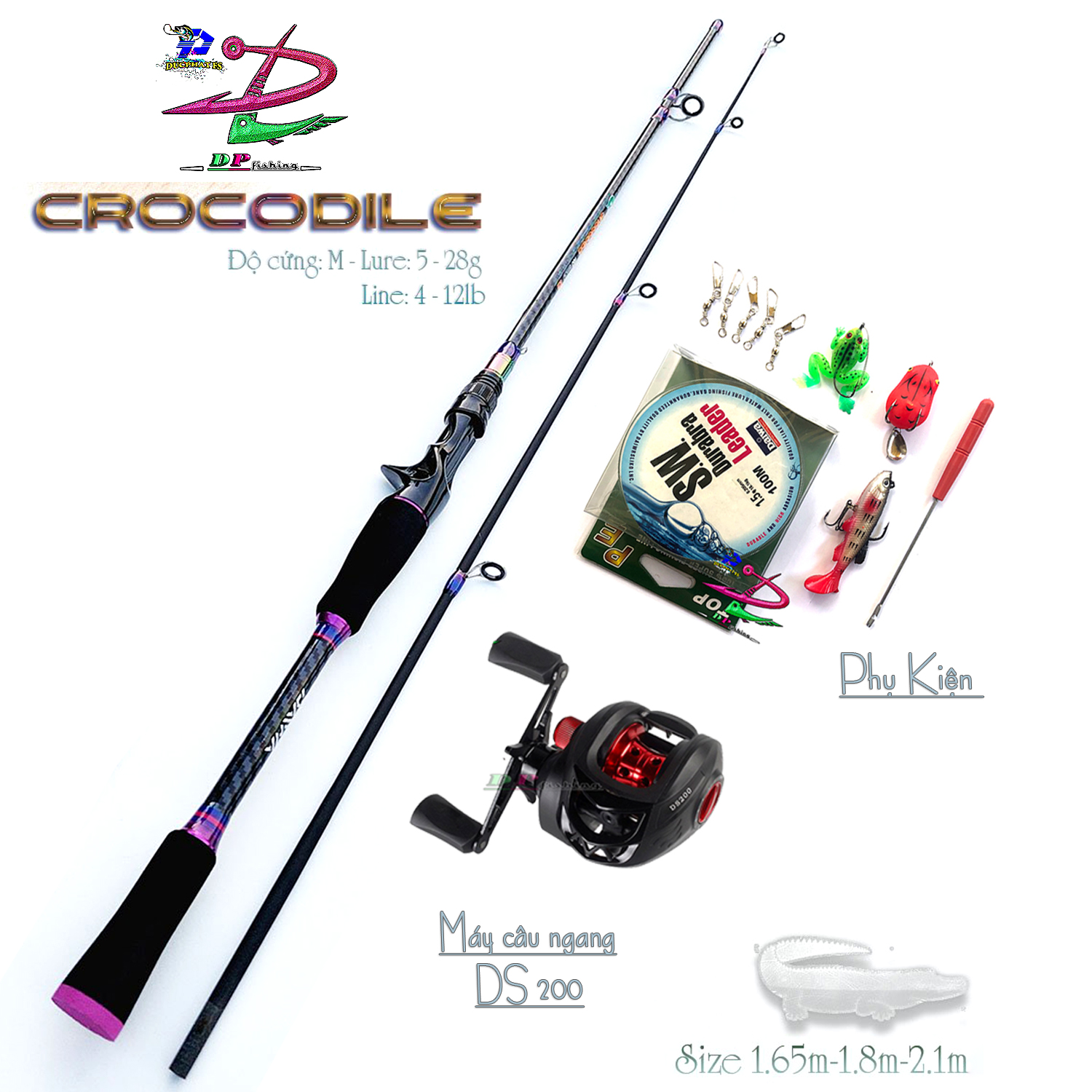 Bộ cần câu lure máy ngang, đứng carbon Crocodile tặng bộ mồi câu MS230