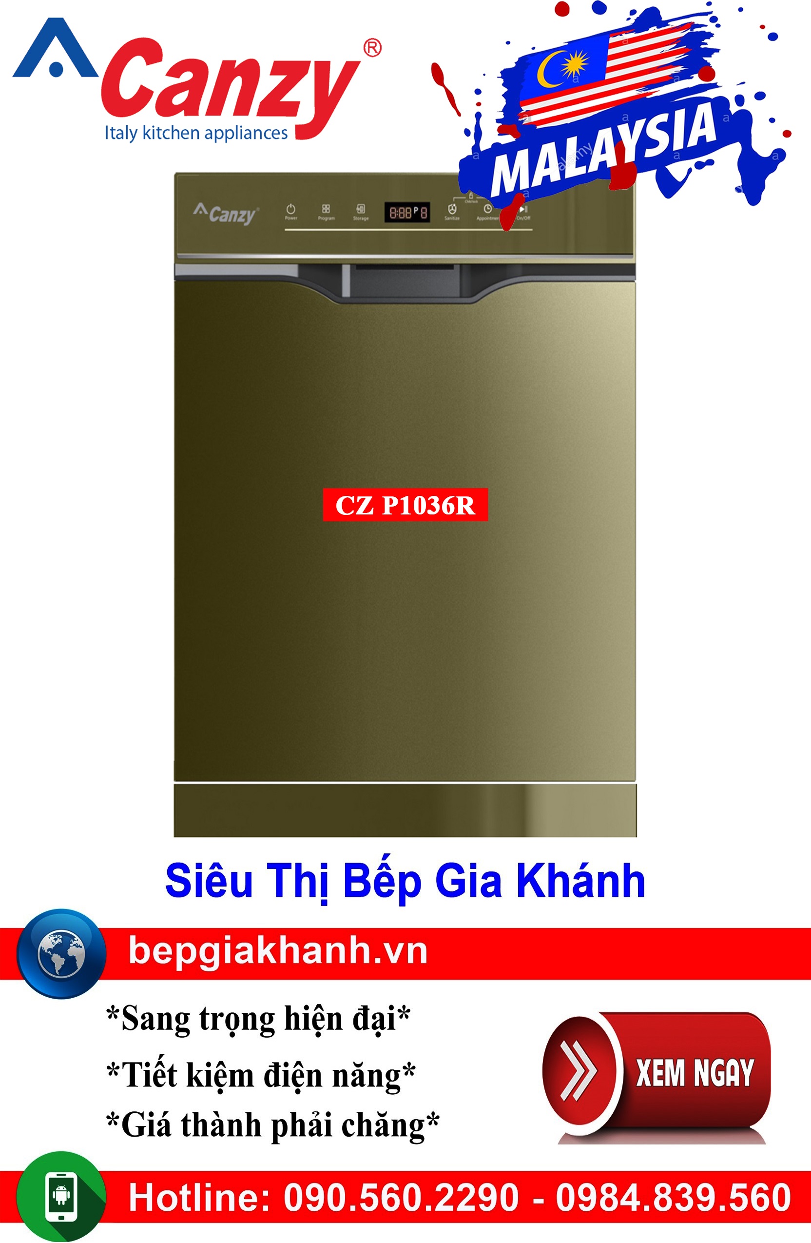 Máy rửa bát lắp độc lập 13 bộ Canzy CZ P1036R nhập khẩu Malaysia, máy rửa chén, máy rửa chén bát, máy rửa bát, máy rửa bát giá rẻ, may rua bat, may rua chen, may rua bat gia re