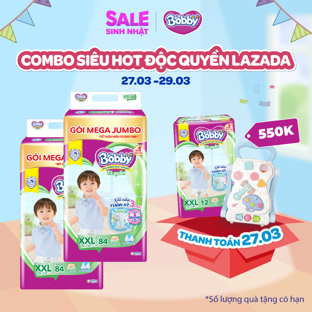 Combo 02 gói tã quần bobby mega jumbo lõi nén thần kì 3mm xxl84 - tặng thêm 01 gói tã quần bobby xxl12 + bàn đồ chơi đa năng
