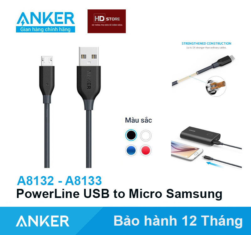 Dây sạc ANKER PowerLine USB to Micro sạc Samsung Androi - A8132 Dài 0.9 Mét A8133 Dài 1.8 Mét Sạc nhanh Quick Charge