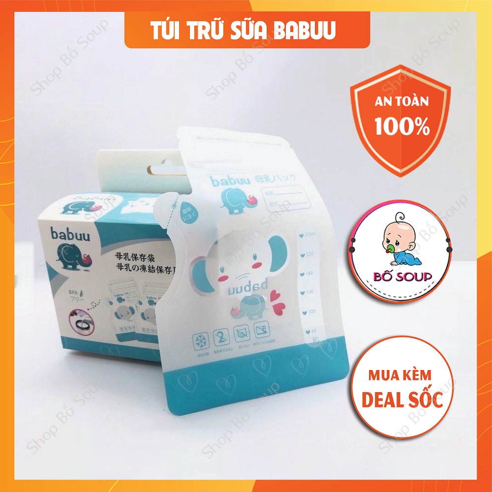 Túi trữ sữa Babuu Baby Nhật Bản 100ml, 250ml hộp 50 chiếc có vòi rót sữa.