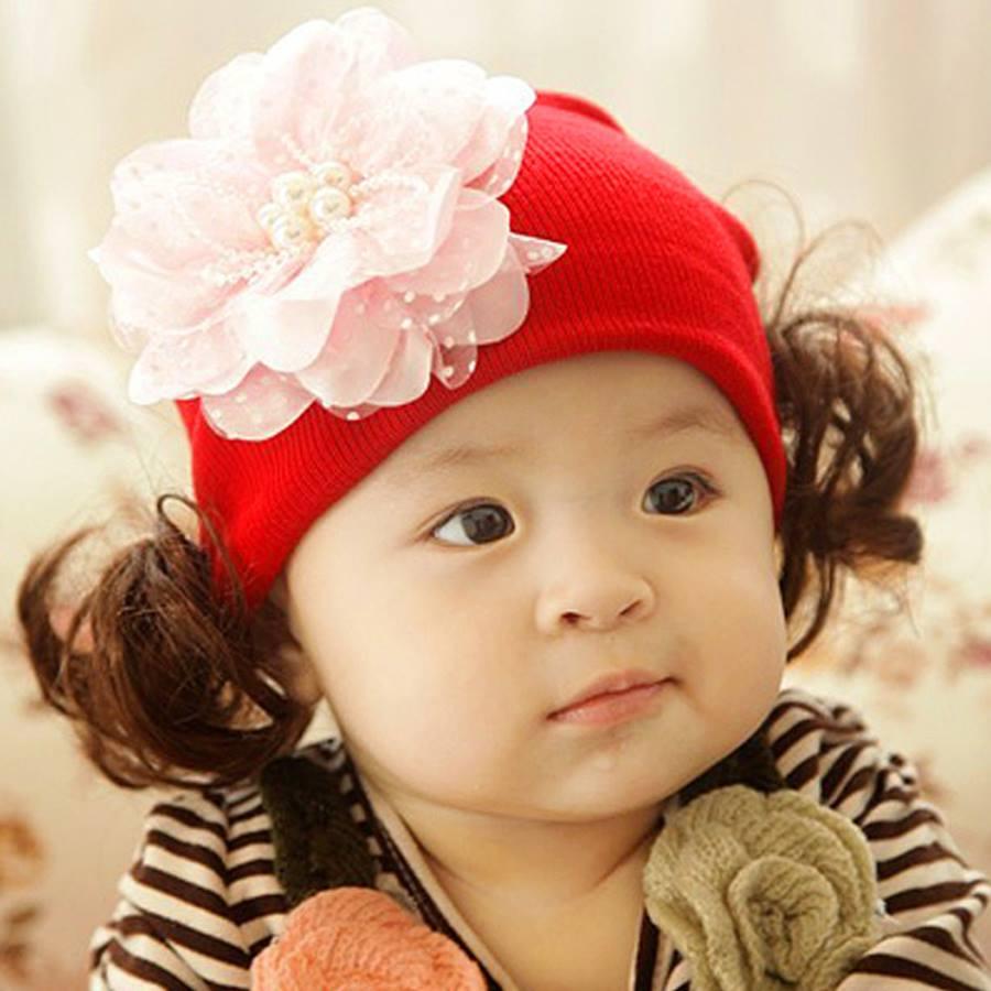 Nón tóc giả cho bé đính hoa ren xinh xắn