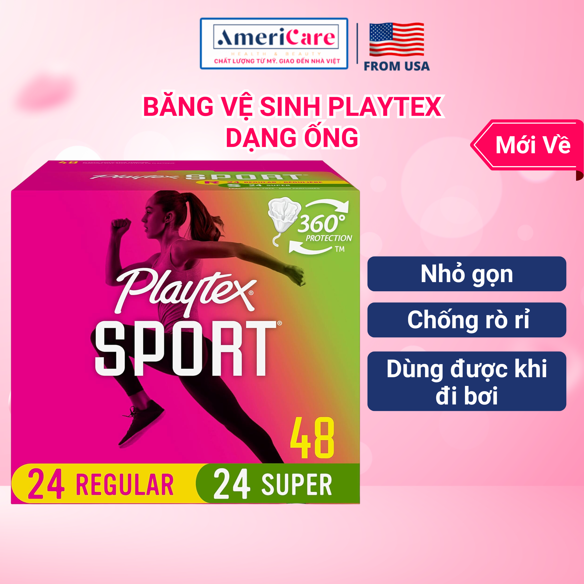 [Lẻ] Tampon PLAYTEX Sport, băng vệ sinh dạng ống, siêu thấm hút, phù hợp vận động thể thao, đi du lịch, Mỹ