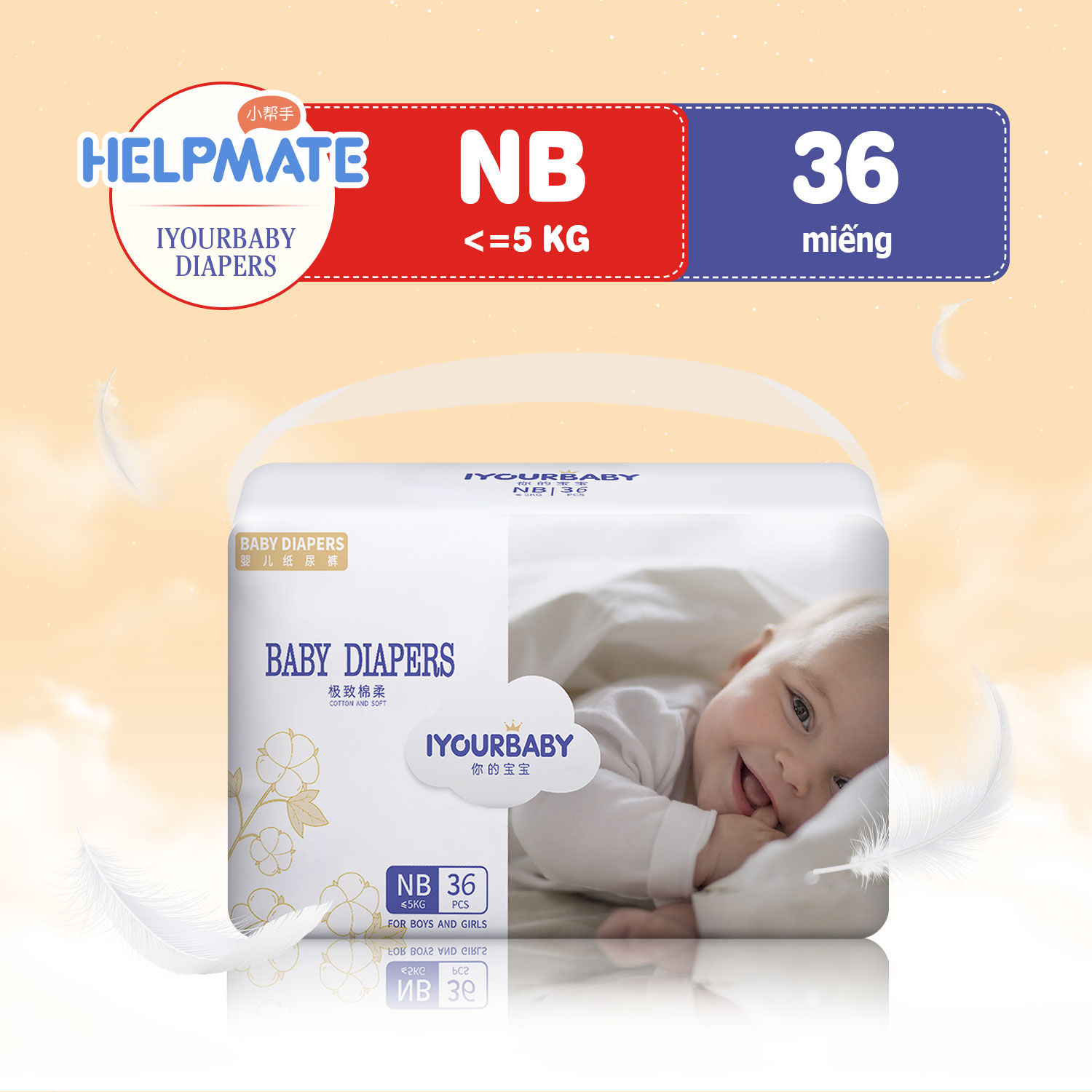 Tã/bỉm dán helpmate bông và mềm kích cỡ nb36 - gói 36 miếng
