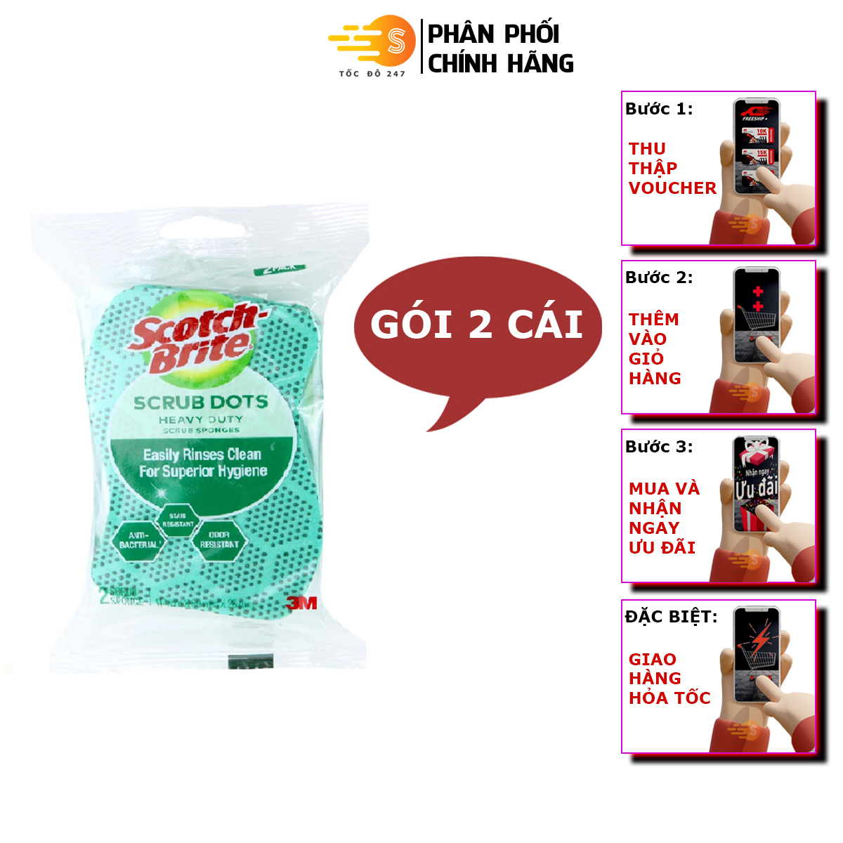 Gói 2 miếng rửa chén hạt nổi siêu sạch Scotch-Brite 3M CR-HNSS-G2 - Tốc Độ 247, siêu sạch, siêu bền, chống bám bẩn