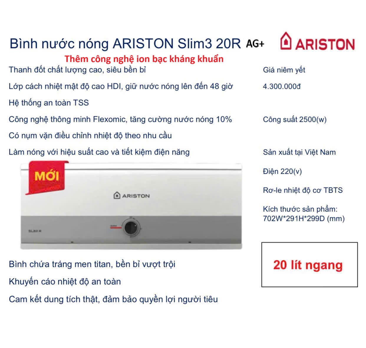 Bình nóng lạnh Ariston 30L ngang kháng khuẩn