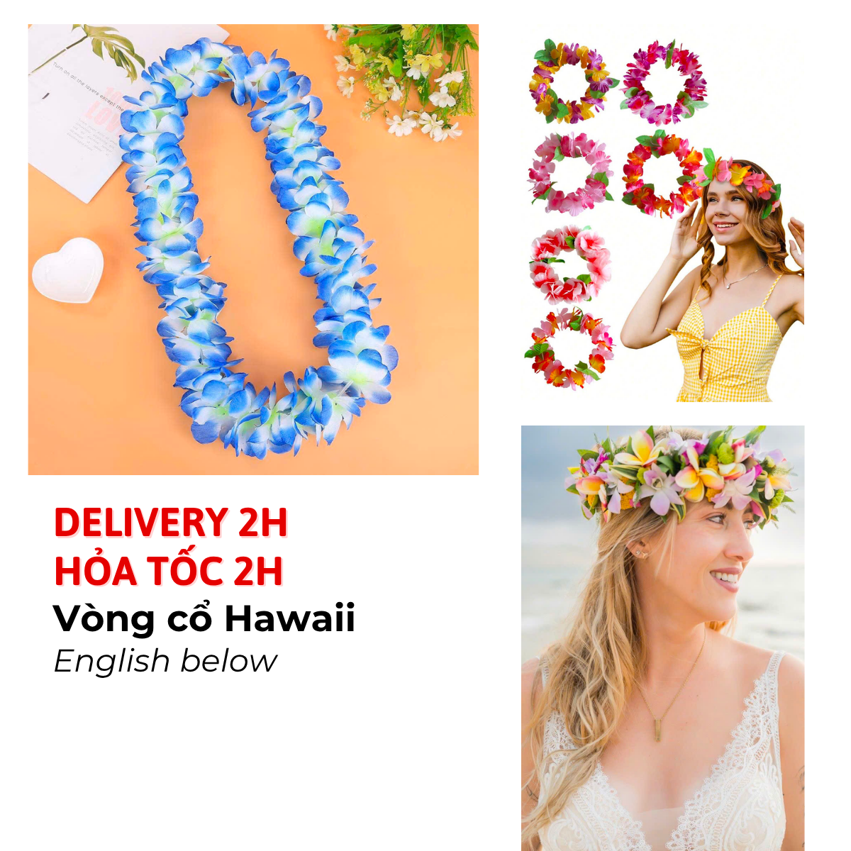 Vòng Hoa Hawaii Đội Đầu, Vòng Hoa Cô Dâu, Bộ Vòng Hoa Hawaii Cho Tiệc Biển, Tiệc Cưới, Lễ Tốt Nghiệp Leis ALHA08