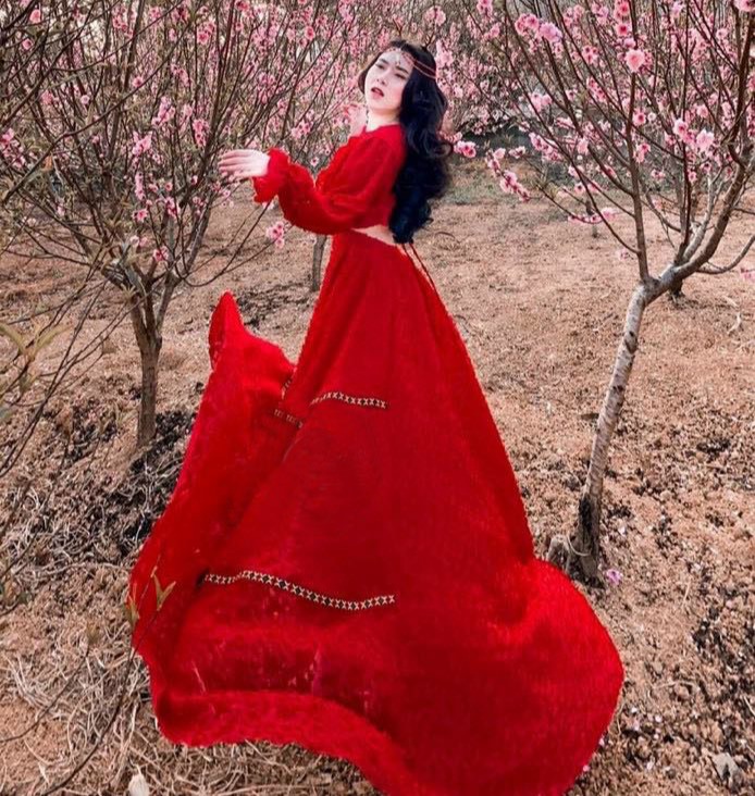 Đầm Maxi Đỏ Tay Dài Cut Eo Hở Lưng Chất Liệu Voan Thêu Lông, Váy Maxi Đỏ Lông Vũ