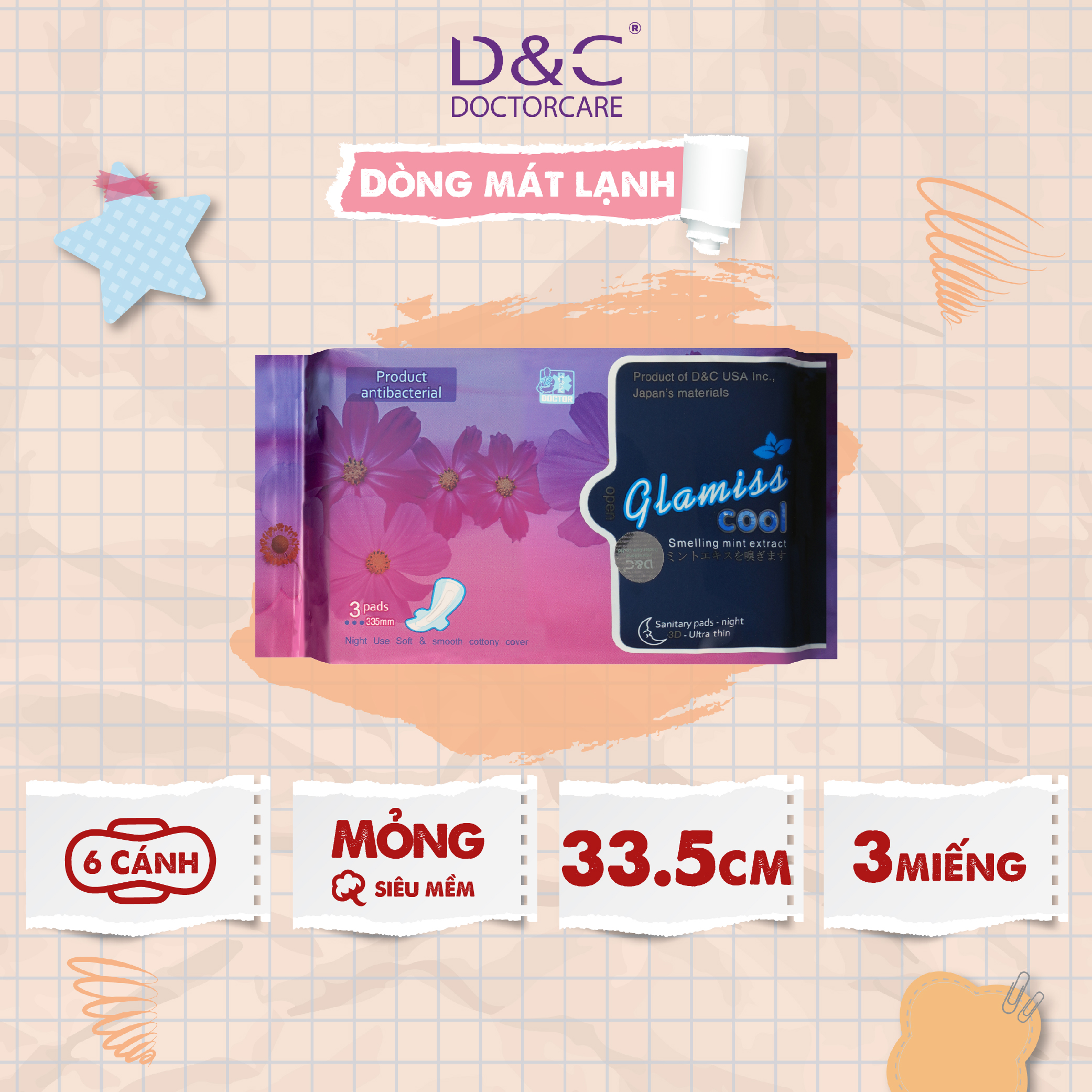 Băng vệ sinh thảo dược Glamiss Cool ban đêm 33.8cm, băng vệ sinh Siêu mát lạnh 2 cánh dán 2 cánh chống tràn tuyệt đối - Gói 3 miếng