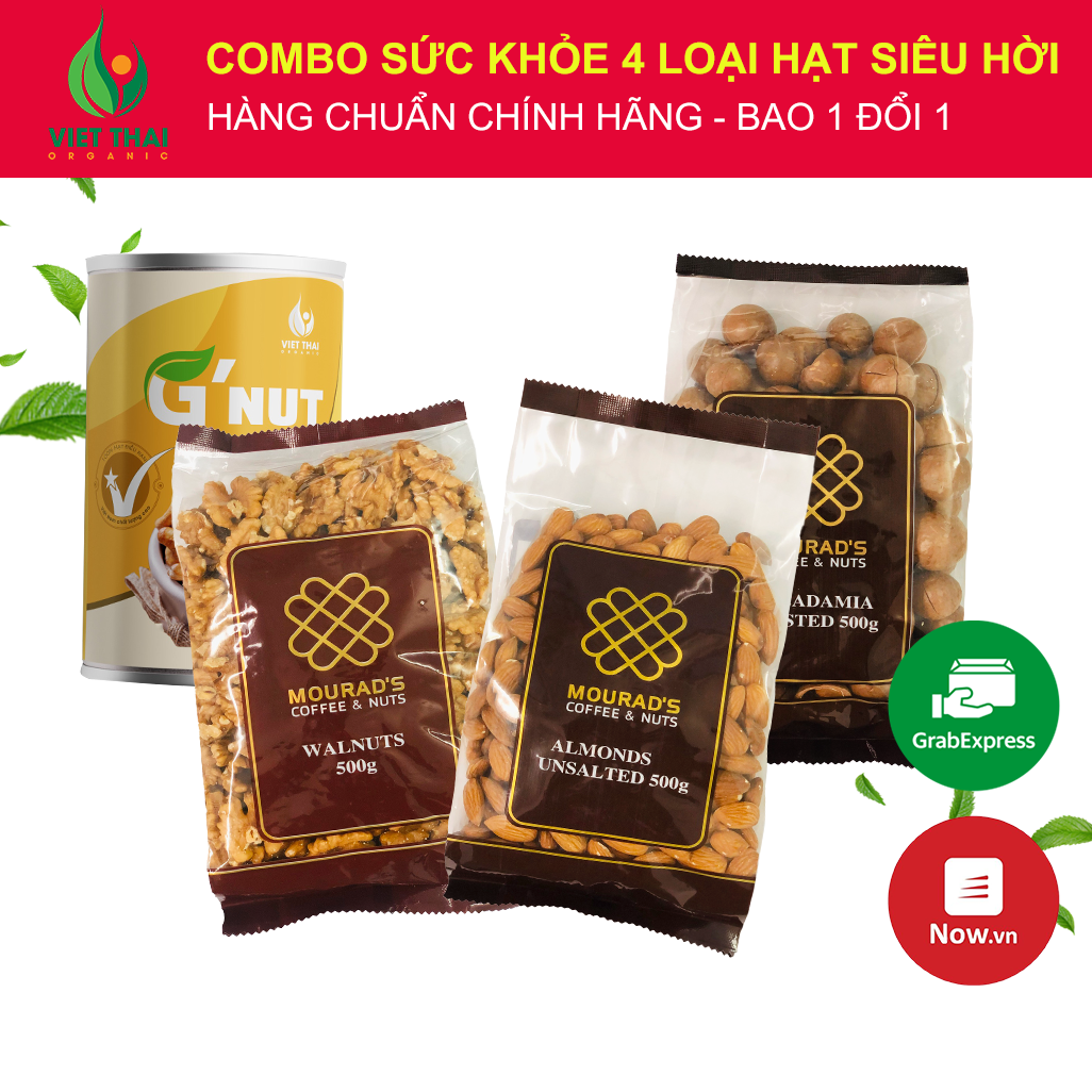 Cho sức khoẻ 4 món: hạnh nhân úc - macca úc - óc chó úc - hạt điều g'nut vn
