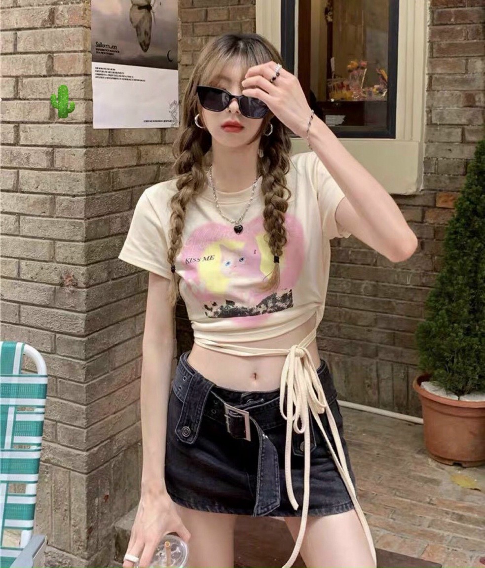 Áo nữ áo croptop in hình phối dây eo chất borip siêu đẹp