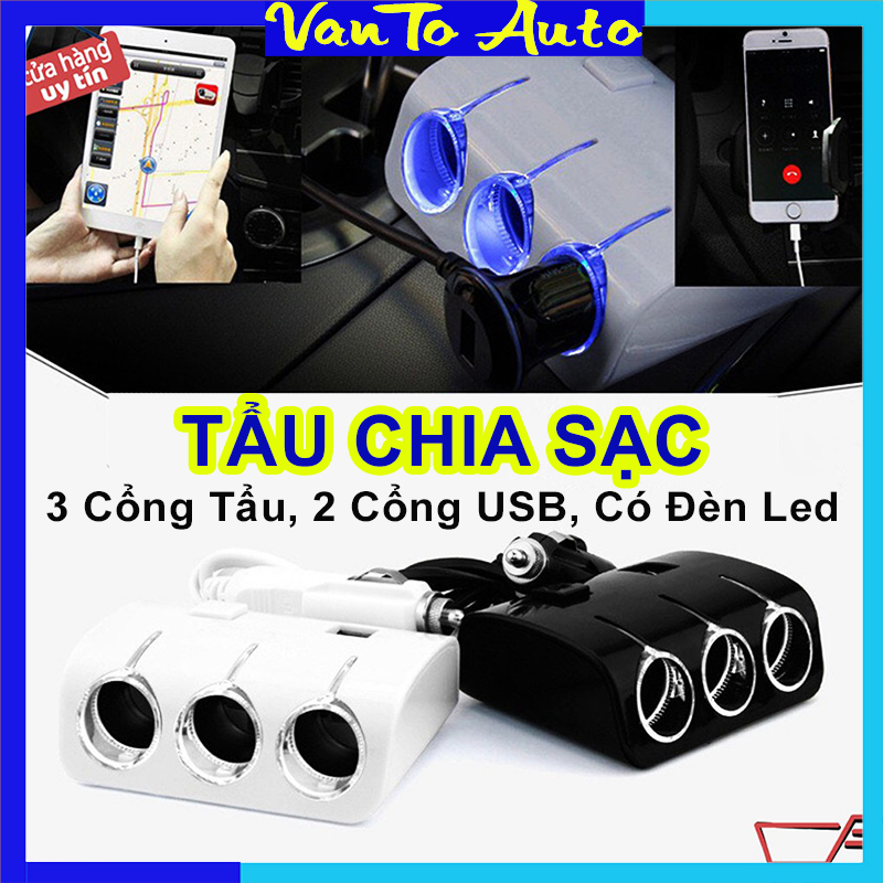 Tẩu sạc ô tô - tẩu sạc nhanh ô tô chia 3 cổng tẩu, 2 cổng usb có đèn led