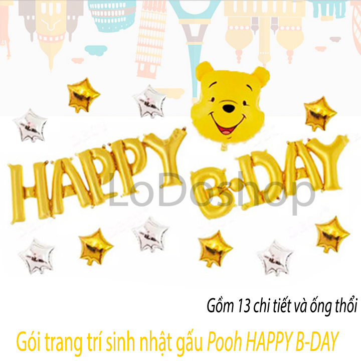 Bộ trang trí sinh nhật gấu pooh vàng - Phụ kiện decor trang trí nhà cửa - Đồ trang trí tiệc thôi nôi - Bong bóng happy birthday - Chữ trang trí đầy tháng - Sét trang trí tiệc sinh nhật cho bé trai bé gái cute