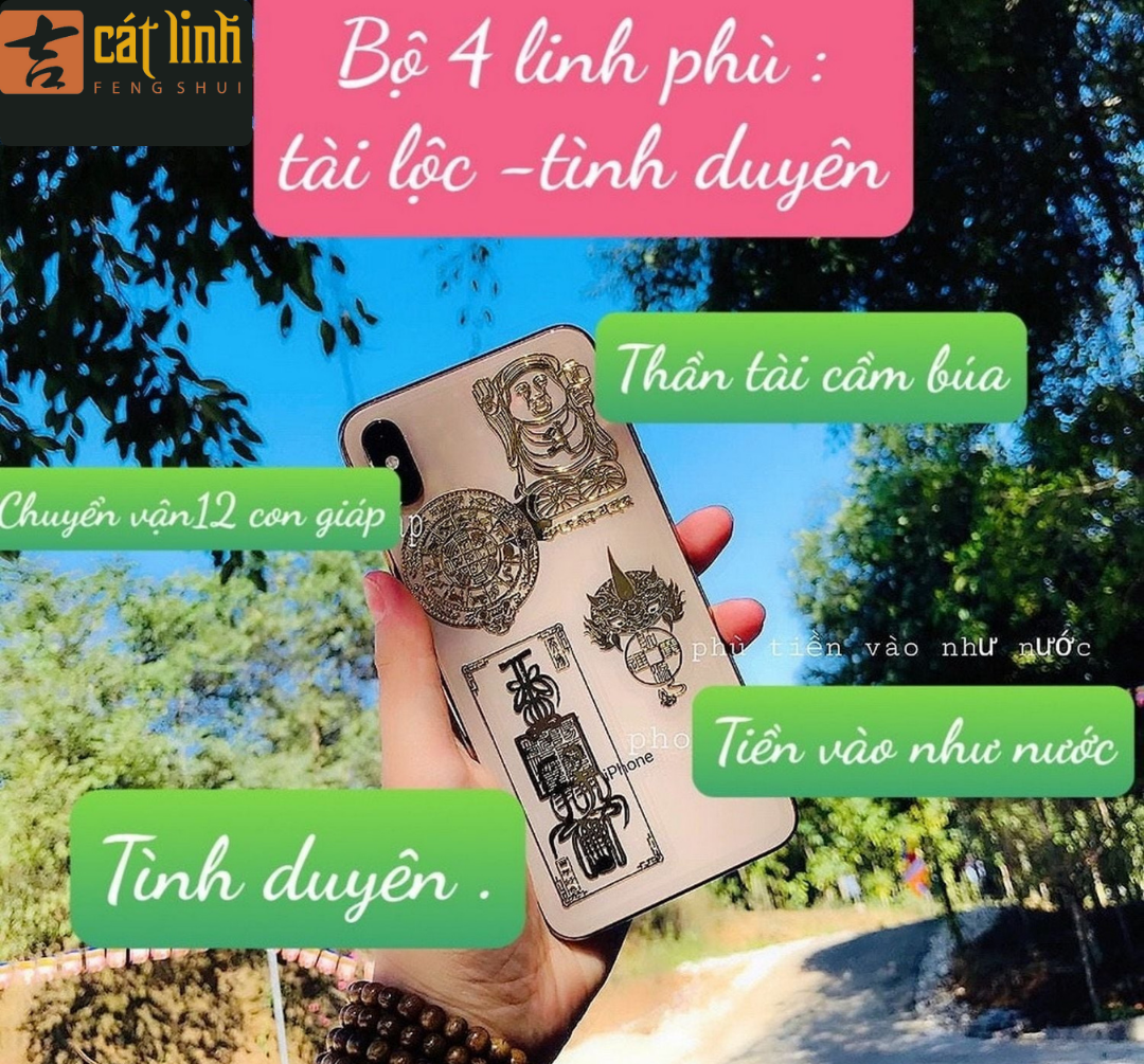Bộ 4 Miếng Dán Điện Thoại Tài Lộc Đẹp Lung Linh, Rất Phù Hợp Phong Thuỷ. TÌNH DUYÊN - CHUYỂN VẬN 12 CON GIÁP - THẦN TÀI CẦM BÚA - TIỀN VÔ NHƯ NƯỚC.