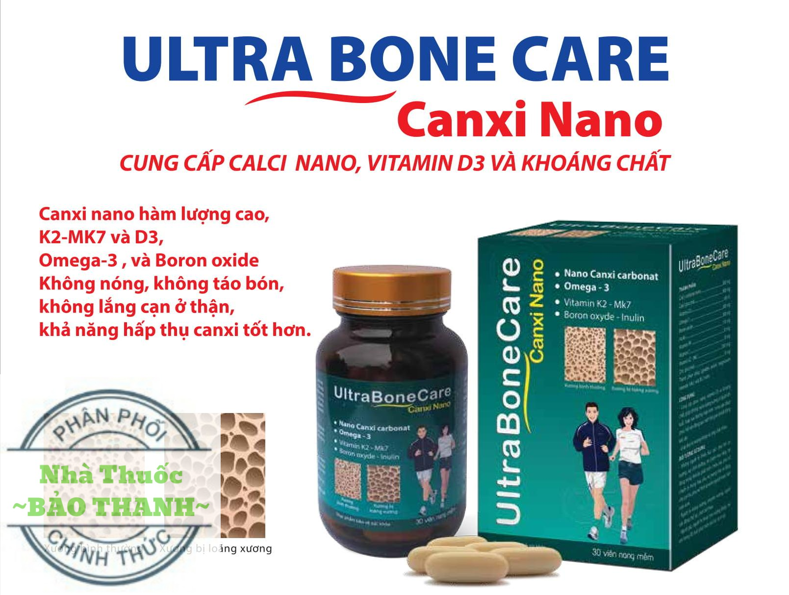 UltraBoneCare - Viên uống bổ sung Canxi Nano VitaminD3 và khoáng chất. Phòng ngừa loãng xương + Giúp duy trì xương khớp và răng chắc khỏe xương