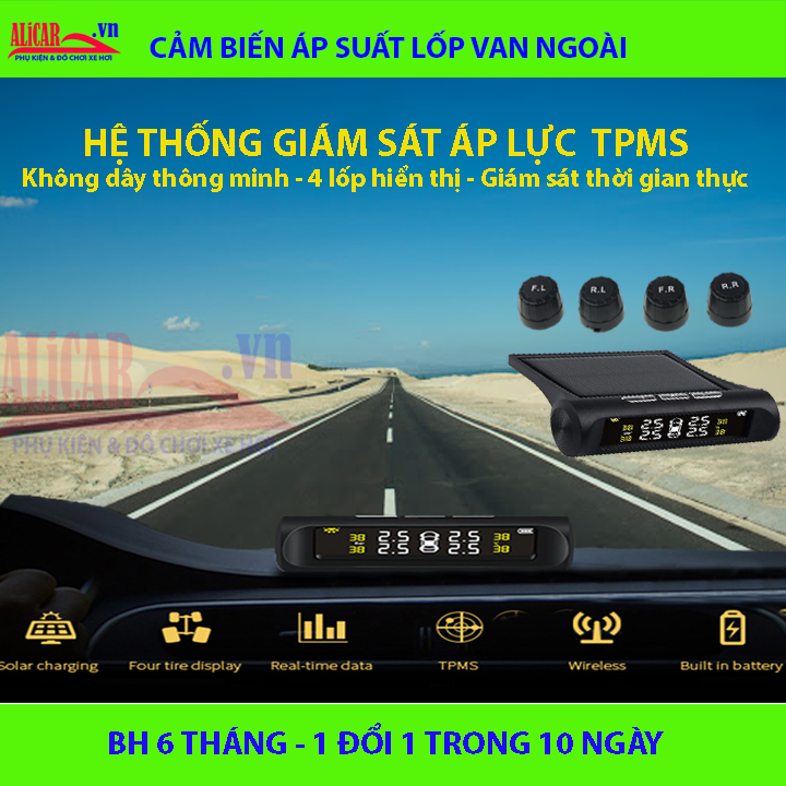 Hệ thống Cảm biến áp suất lốp van ngoài TPMS (Quốc tế) – Chuẩn chống nước IP67, Hiển thị áp suất và nhiệt độ lốp, Cảnh báo âm thanh.