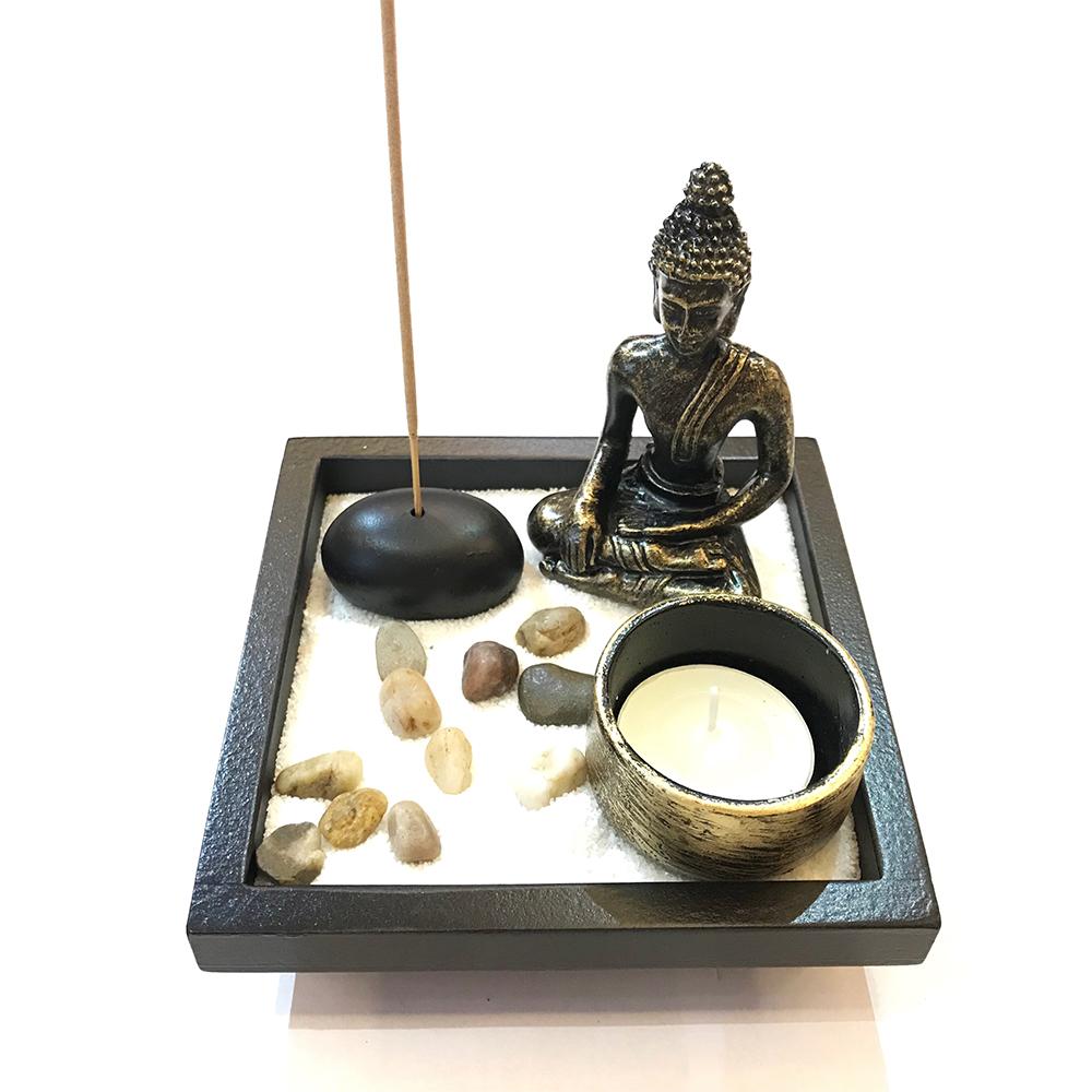 Tiểu cảnh Tượng phật thích ca + đế + nến + cát + sỏi + nhang + đế nhang trang trí để bàn phật thái phong thuỷ siêu đẹp
