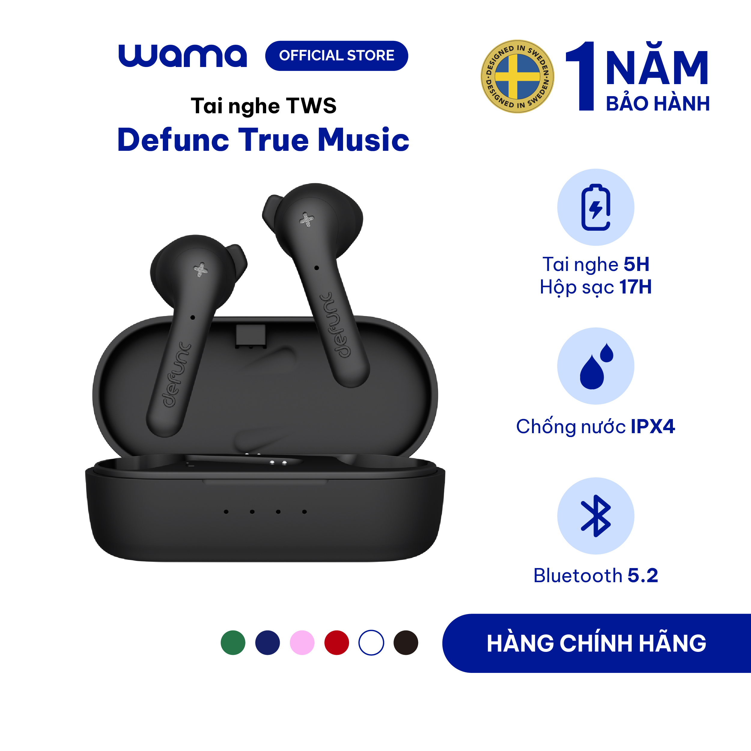 Tai nghe True Wireless Bluetooth Defunc True Music, thời gian nghe 22h (bao gồm hộp sạc), chống ồn môi trường, hộp sạc nhanh 1.5h