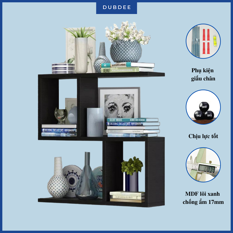 Kệ gỗ 3 tầng 58 x 55 x 15cm treo tường để sách, đồ trang trí, vật dụng gia đình dubdee