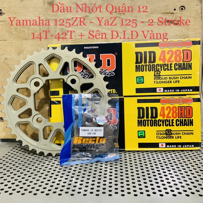 Yamaha 125ZR - YaZ 2 Stroke Dĩa 42T Nhôm 7075 - Nhông 14T Recto + Sên DID Vàng  Tem Xanh