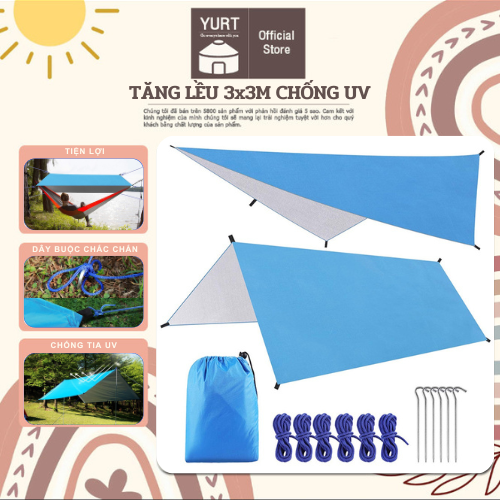 Tăng lều Camping tarp 3mx3m tráng bạc chống UV dễ dàng tùy biến với 9 kiểu