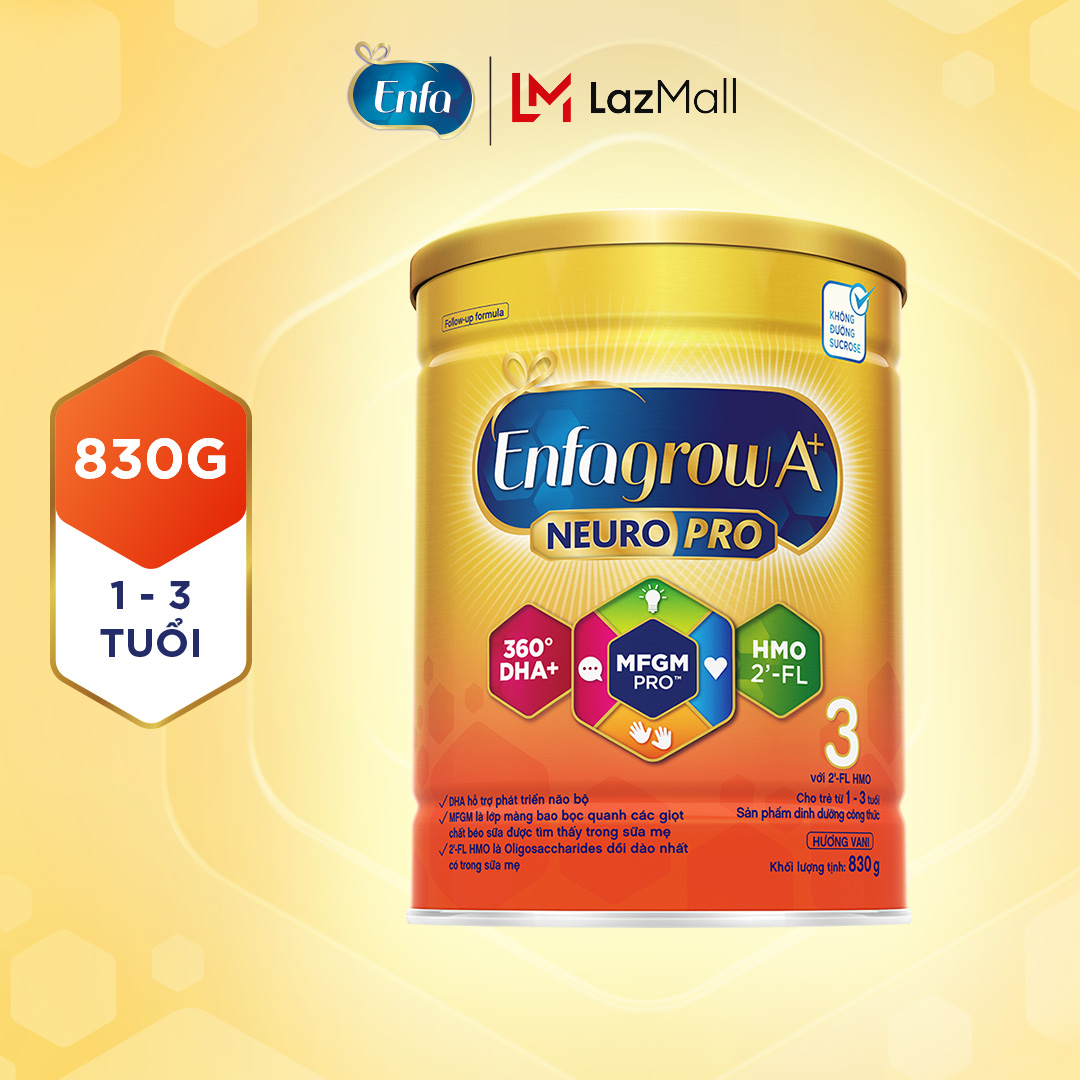 Sữa bột Enfagrow A+ NeuroPro 3 Vị thanh mát 2FL HMO với dưỡng chất DHA & MFGM cho trẻ từ 1–3 tuổi – 830g