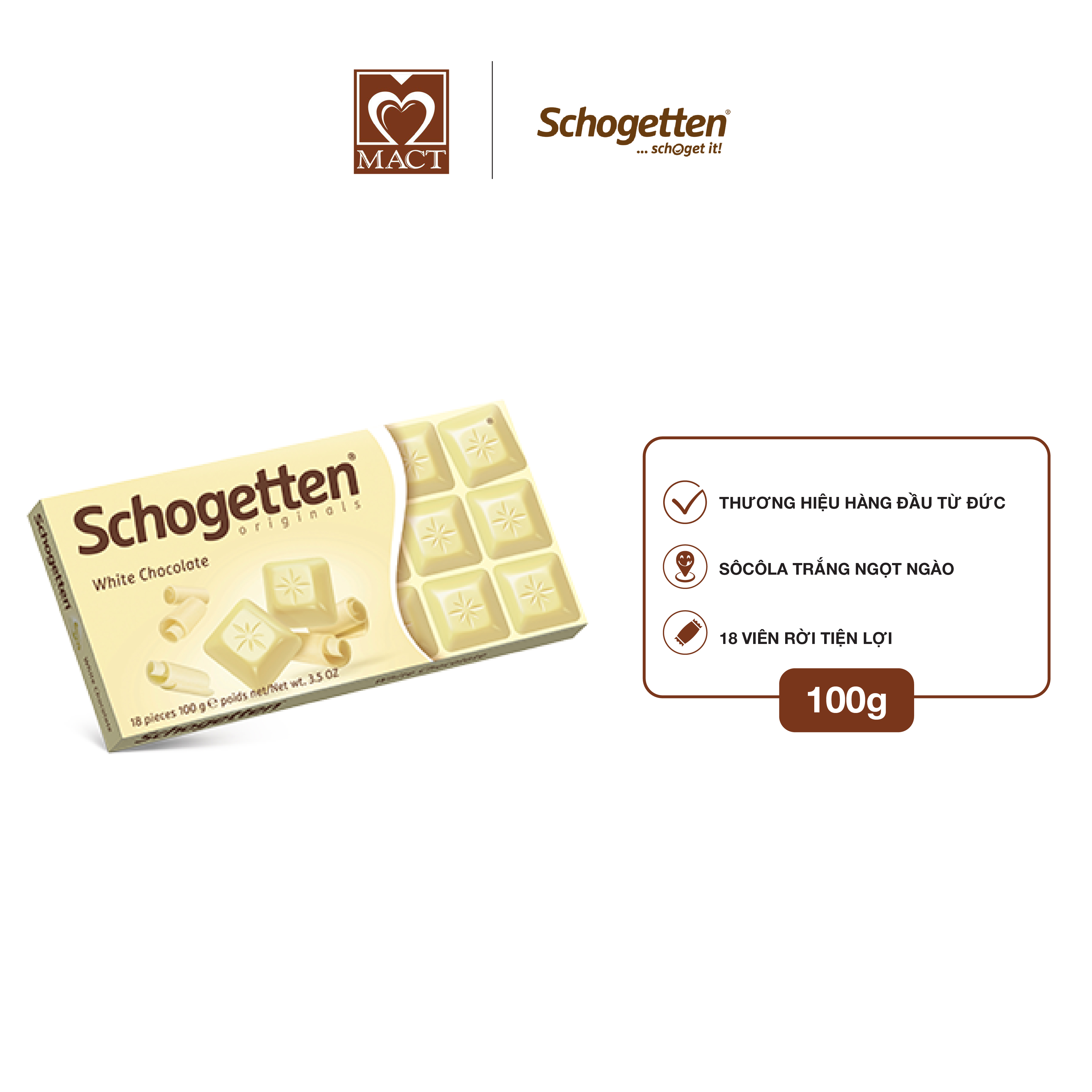 Sôcôla SCHOGETTEN - Vị trắng White Chocolate - thanh 100g gồm 18 viên rời