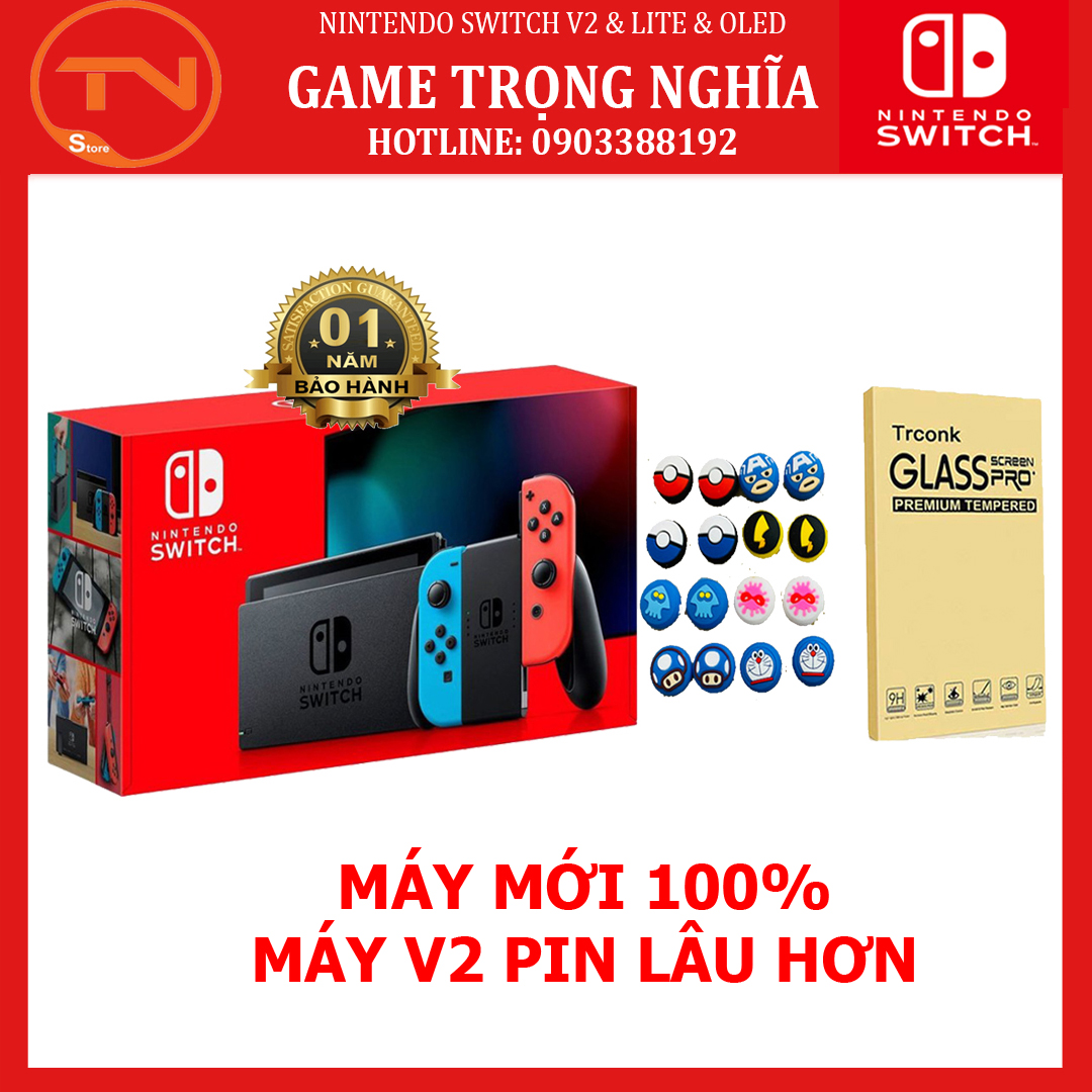 Máy chơi game nintendo switch v2 aeon blue and neon red joy‑con - 12 tháng bảo hành + tặng dán cường lực & núm bọc analog