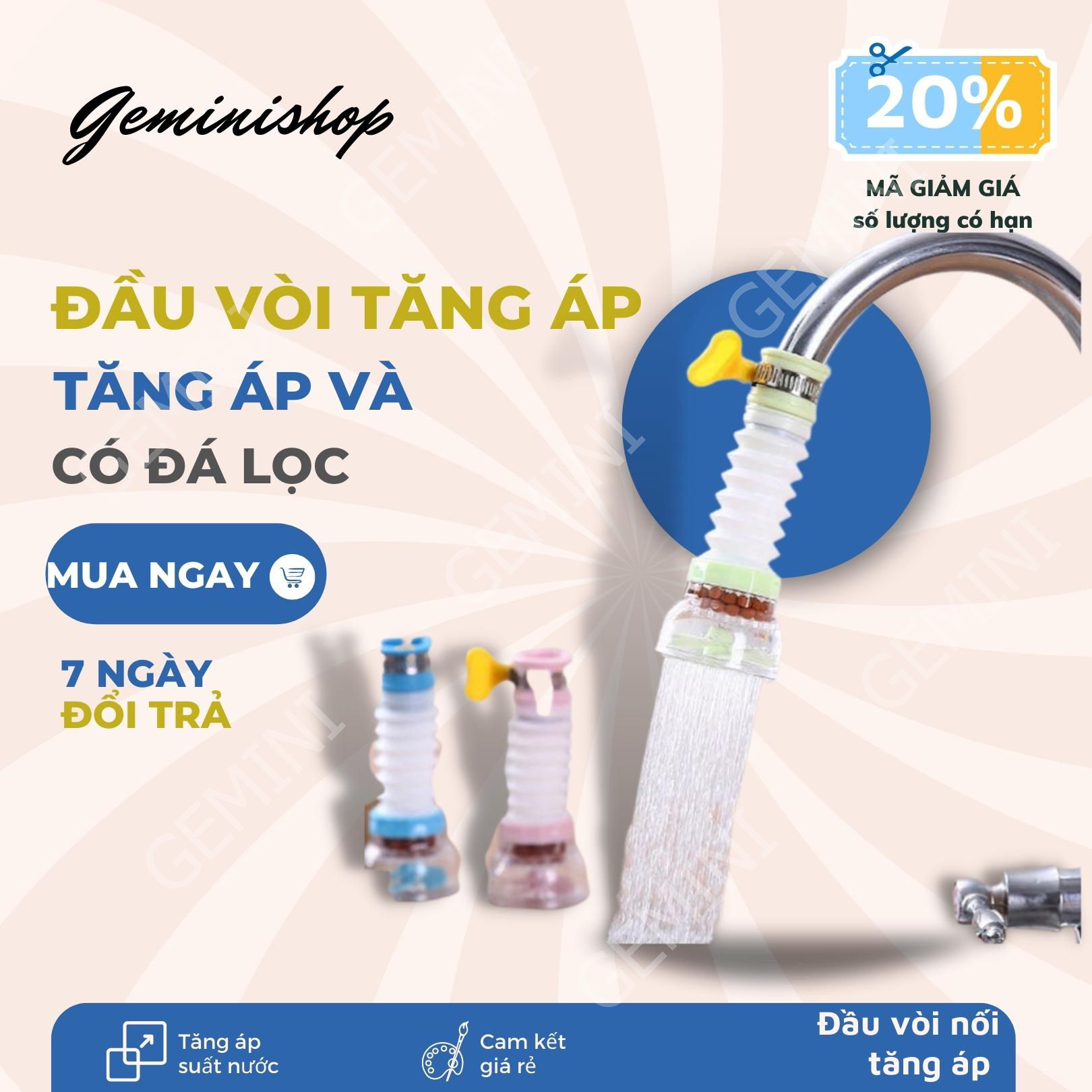Đầu Vòi Nối Rửa Bát Tăng Áp Xoay 360 Độ Vòi Nước 360 Độ Cho Bồn Rửa Chén có than hoạt tính RY009 GEMINI SHOP
