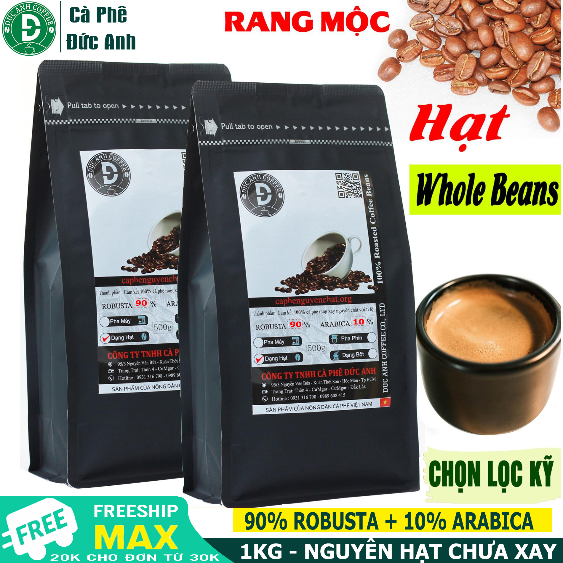 1kg Cà Phê rang mộc nguyên chất  DUC ANH COFFEE  tỉ lệ 9-1 (90% Robusta + 10% Arabica) - dạng hạt - thơm ngon - chua nhẹ - giao hàng nhanh chóng - cam kết nguyên chất - bán hàng trực tiếp - cafe đức anh - whole beans coffee