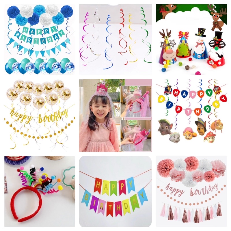 Mũ, bờm, dây happy birthday, trang trí sinh nhật