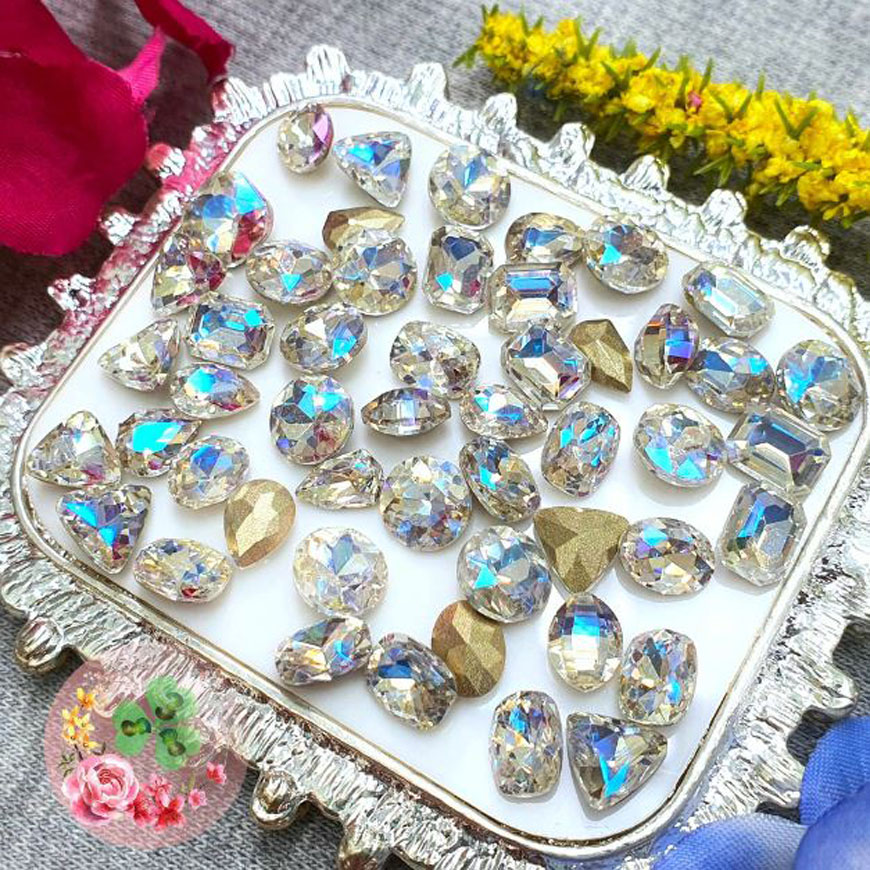 Sét 50 viên đá khối chân nhọn mix size giá tốt - đá khối chân nhọn màu ab trong xanh siêu bắt sáng, đính dán móng