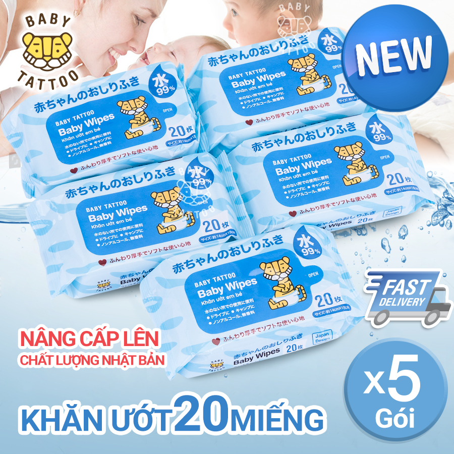 Baby tattoo combo 5 gói khăn giấy ướt cao cấp không mùi, gói 20 miếng