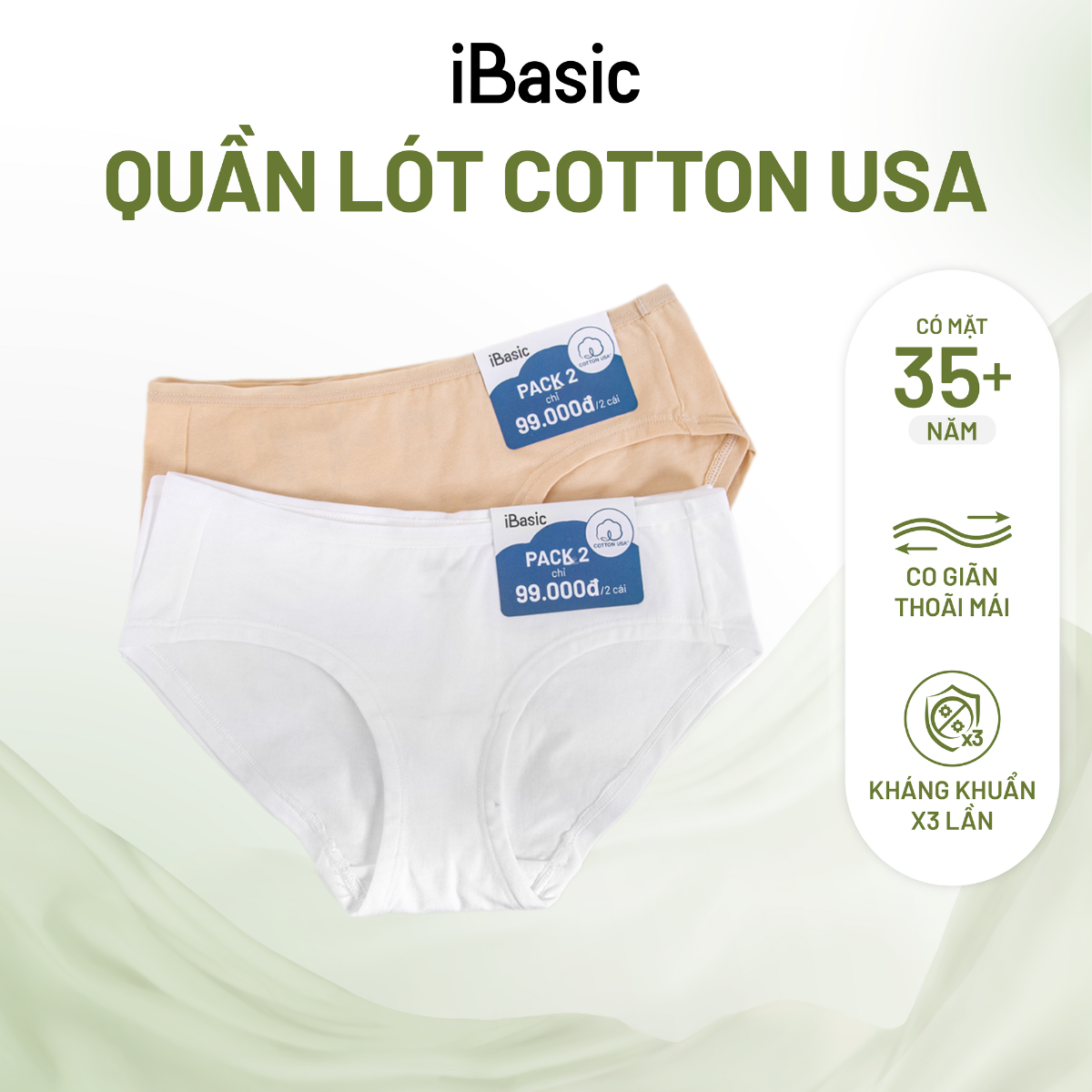  Pack 2 combo quần lót nữ iBasic cotton USA kháng khuẩn hipster PANW172-PA2 