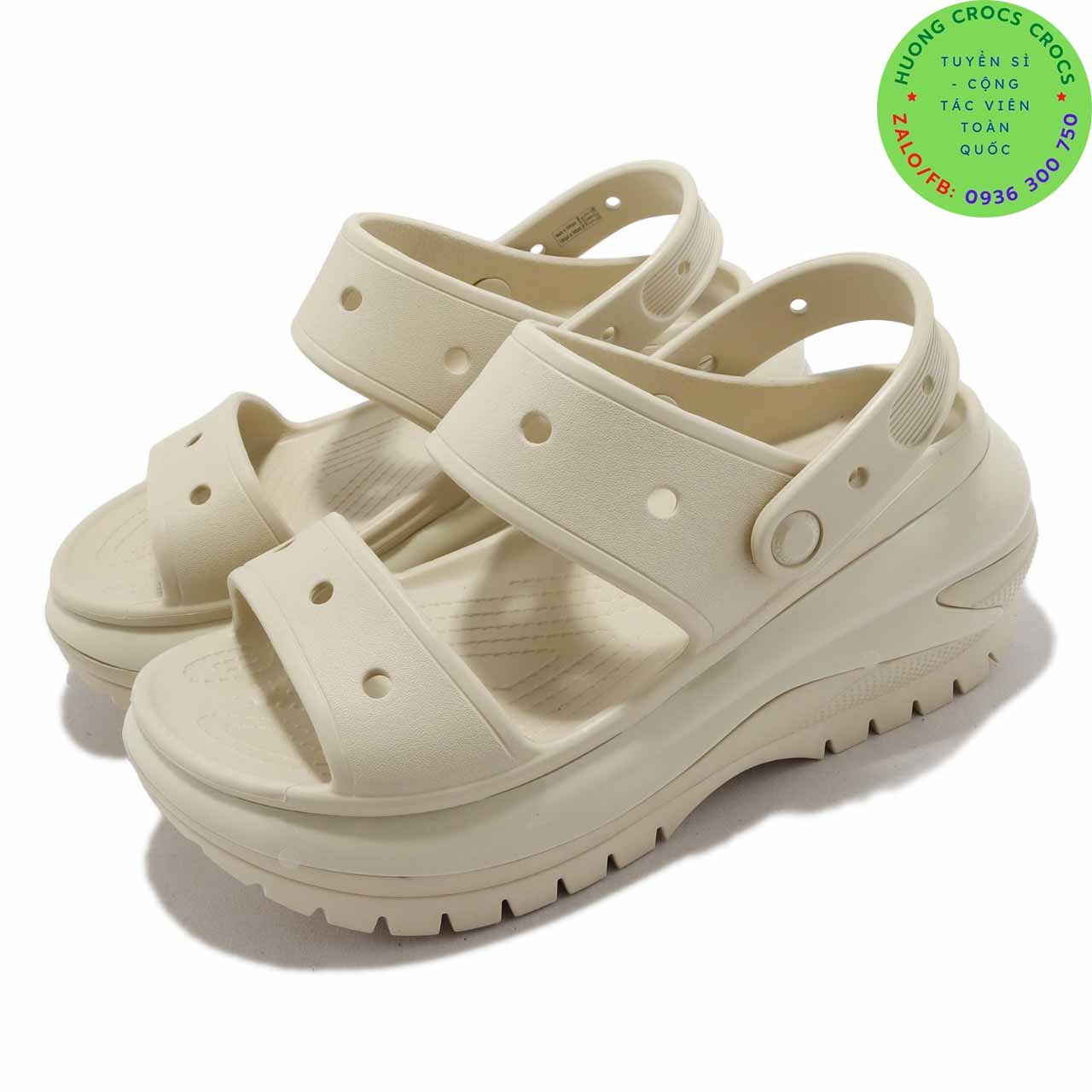 DÉP SANDAL ĐẾ XUỒNG NHỰA ĐI MƯA CROCS MEGA CRUSH BÓNG CHO NỮ MÀU KEM