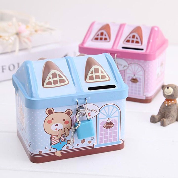 Két sắt ống heo tiết kiệm hình nhà có khóa mini cho bé chất liệu an toàn độ bền cao (Nhiều màu)