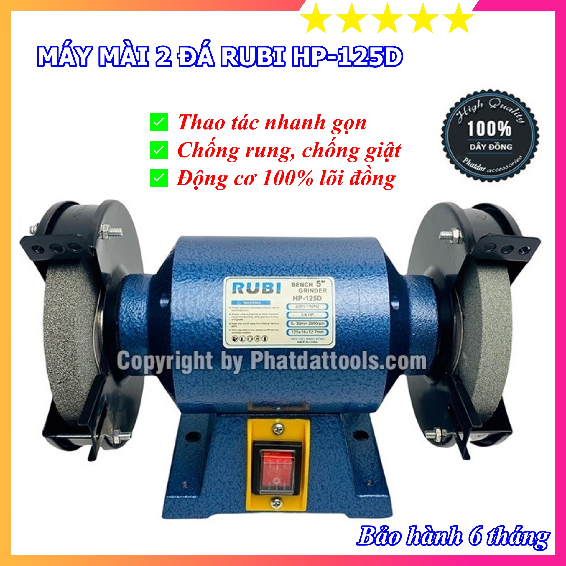 Máy Mài 2 Đá RB HP-125D-Công Suất 1/4 HP - Động Cơ 100% Dây Đồng - Công Nghệ Chống Rung, Chống Giật - Bảo Hành 6 Tháng