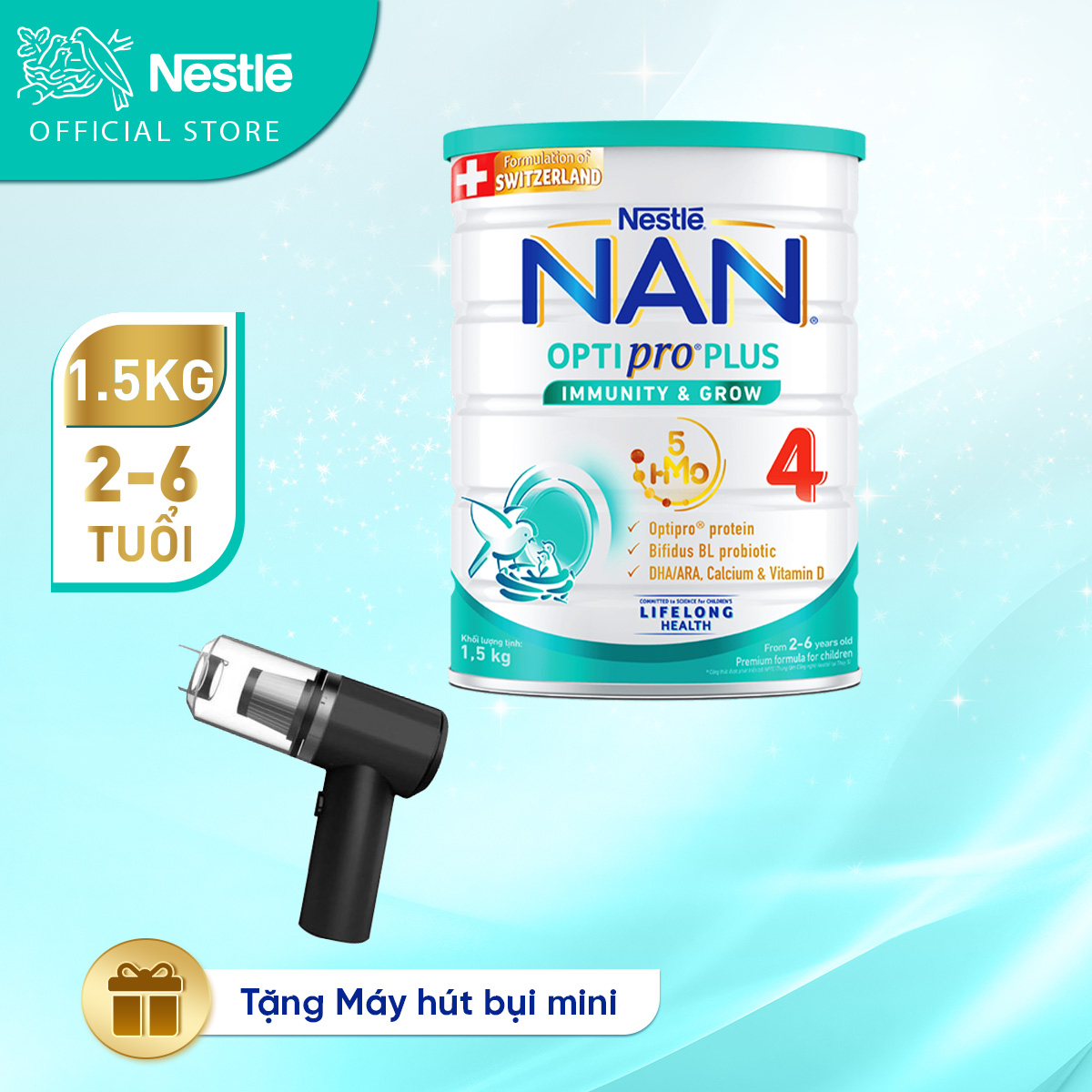 Sữa bột nestlé nan optipro plus 4 1500g/lon với 5hmo hỗ trợ đề kháng - tiêu hóa - trí não & chiều cao + tặng máy hút bụi mini