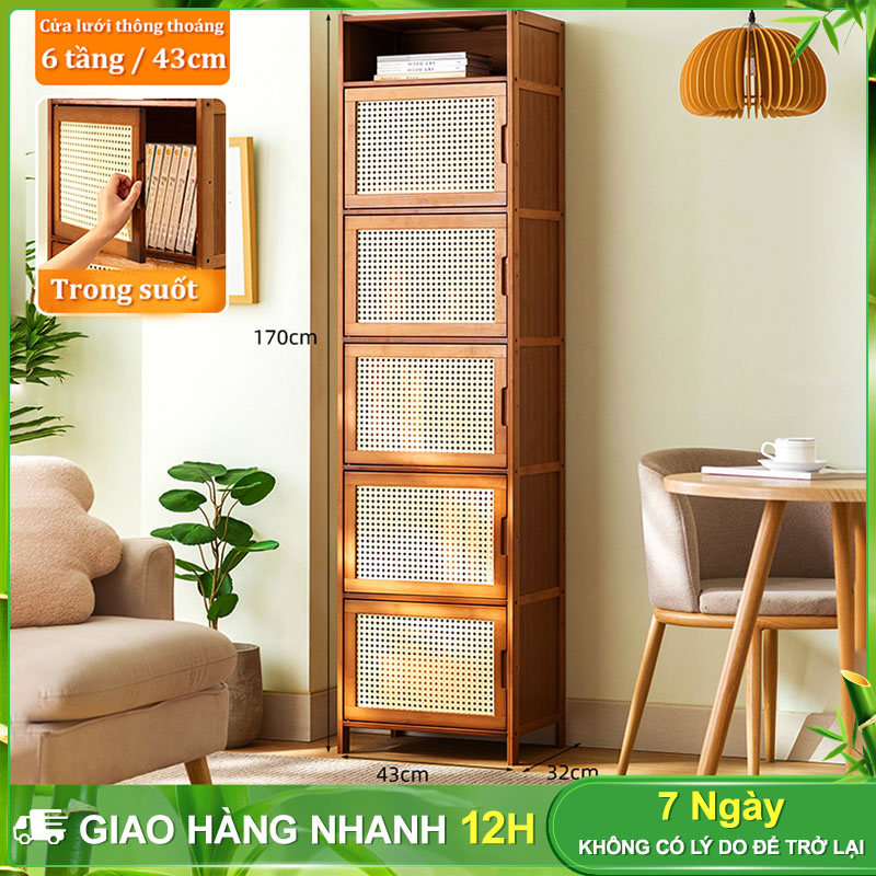 BOHO Tủ sách bằng gỗ Tủ lò vi sóng dệt mây Giá lò nướng Nhà bếp đa chức năng Tủ có tủ chống bụi