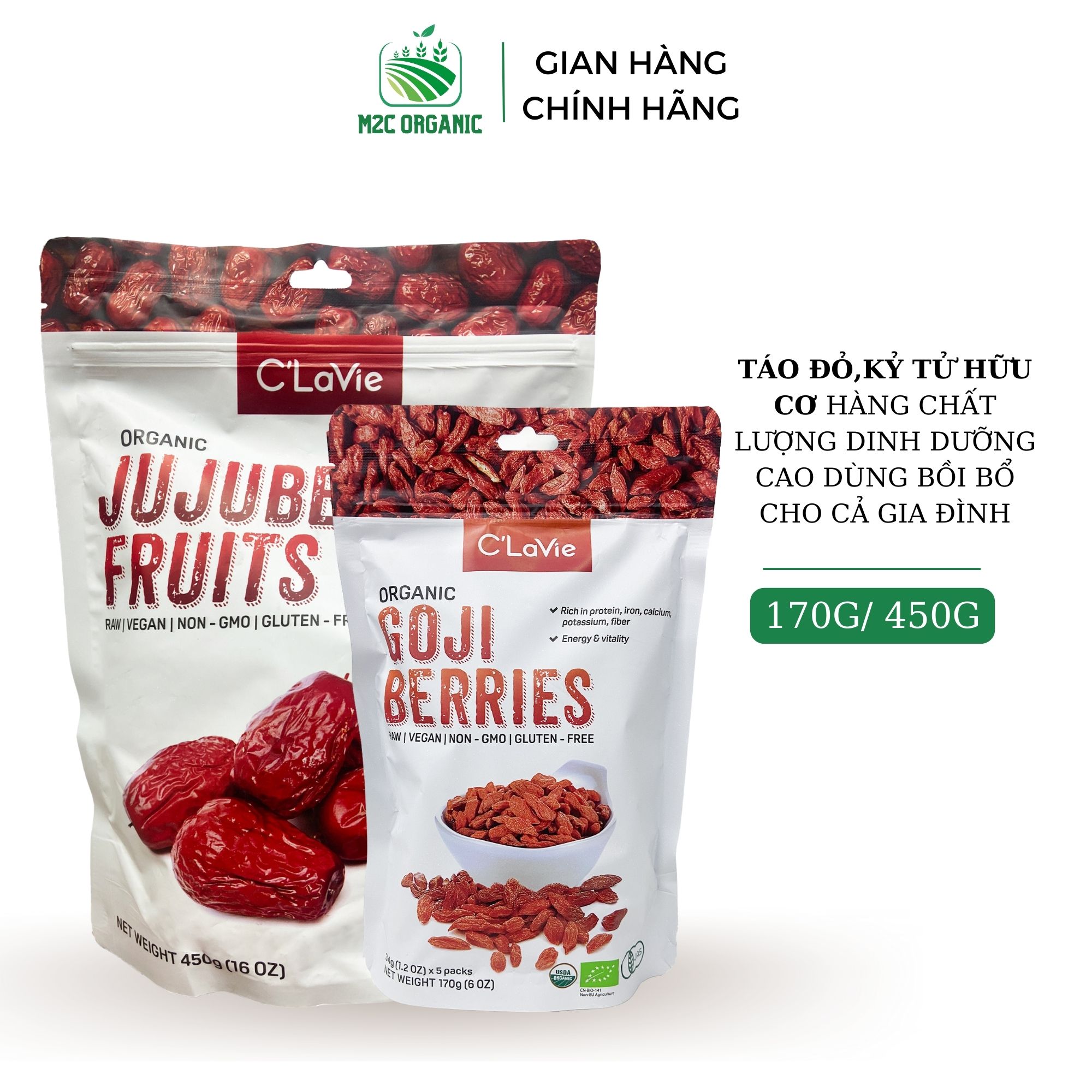 Táo đỏ ,kỷ tử hữu cơ C'LaVie 450g thượng hạng size 9-10 quả/100g thơm,ngọt dùng ăn vặt, pha trà nấu chè bồi bổ sức khỏe