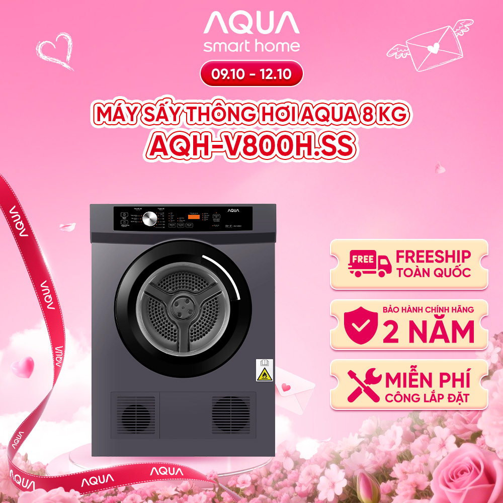Máy sấy thông hơi Aqua 8KG AQH-V800H.SS - Miễn phí giao hàng toàn quốc