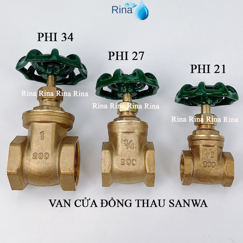 Van cửa sanwa đồng thau phi 21 - 27 - 34, van tổng, van xoay tay xanh