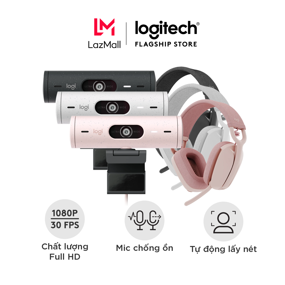 Combo Webcam Logitech Brio 500 và tai nghe Logitech Zone Vibe 100