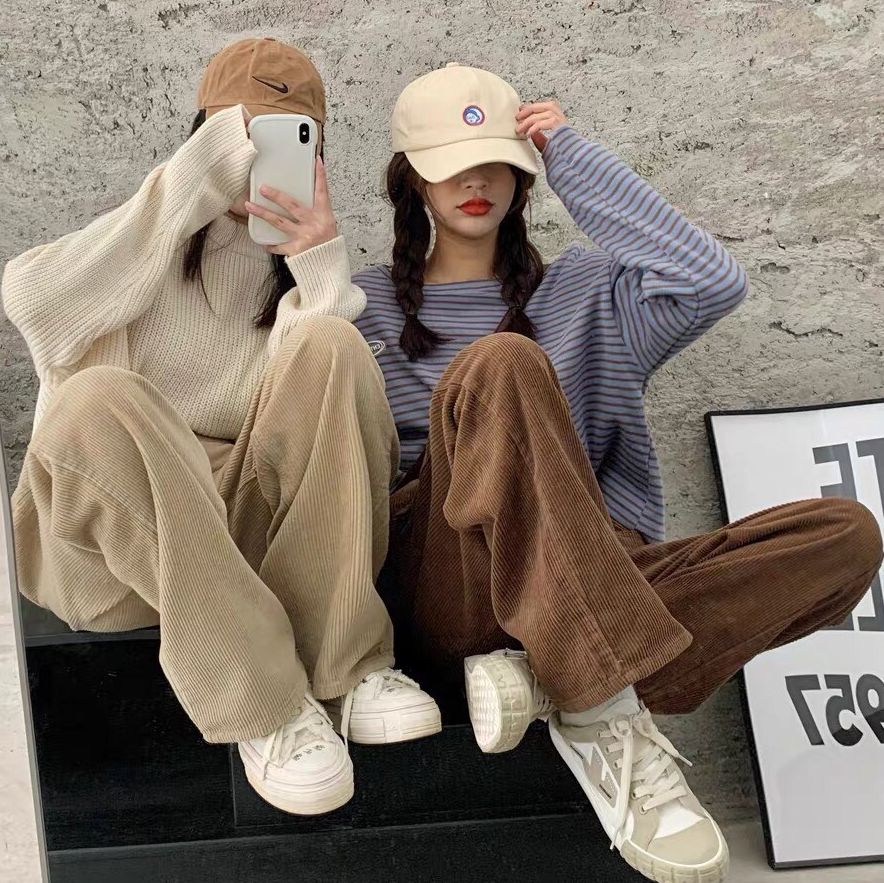 Quần suông vải nhung kẻ khoá kéo trước cực xinh, quần ống rộng vải nhung Hot Hit - Bomb Unisex