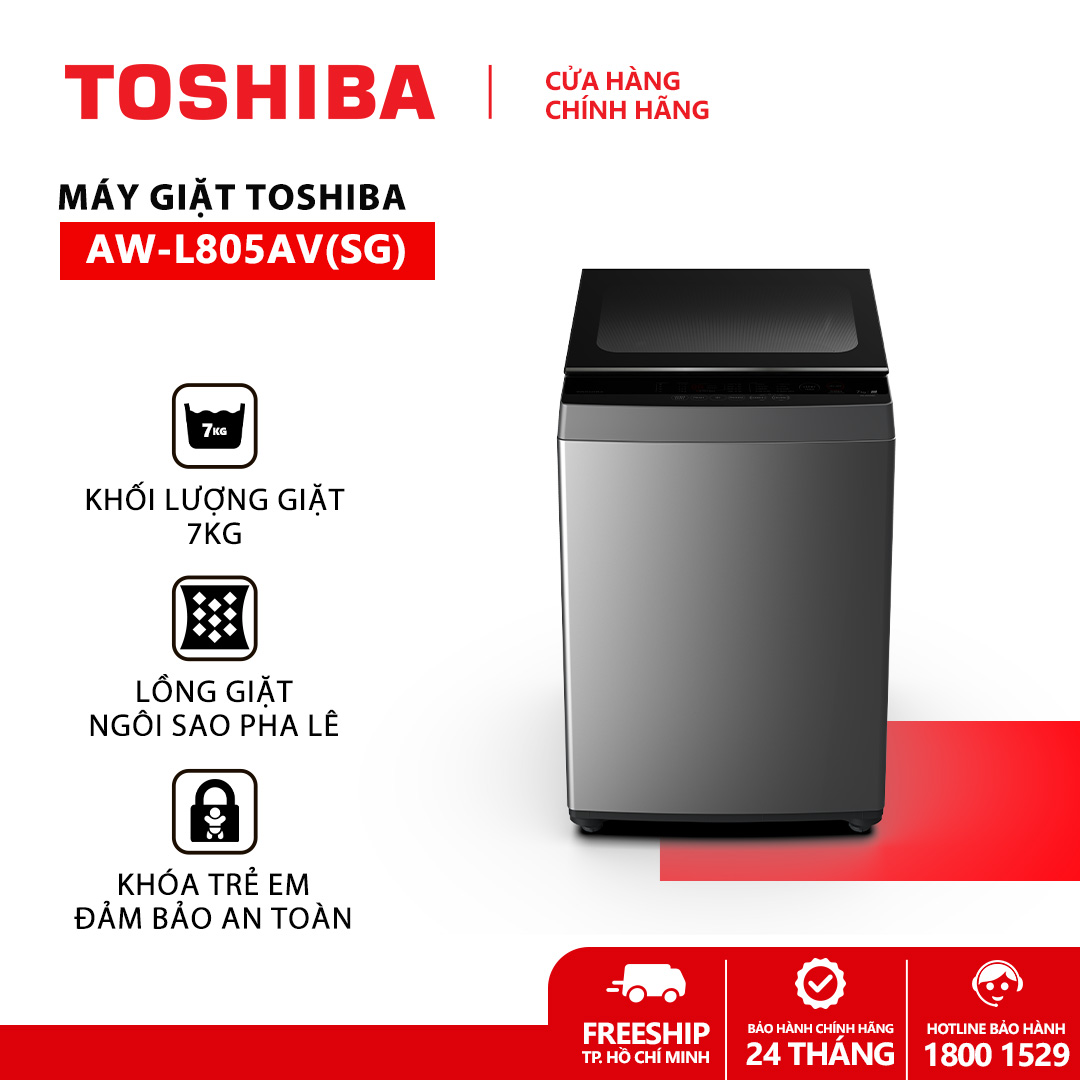 [FREESHIP] Máy giặt Toshiba 7 Kg AW-L805AV(SG) - Xuất xứ Thái Lan - Chức năng tự cân chỉnh tiết kiệm nước, Khóa trẻ em, Lồng giặt ngôi sao pha lê - Hàng chính hãng bảo hành 2 năm.