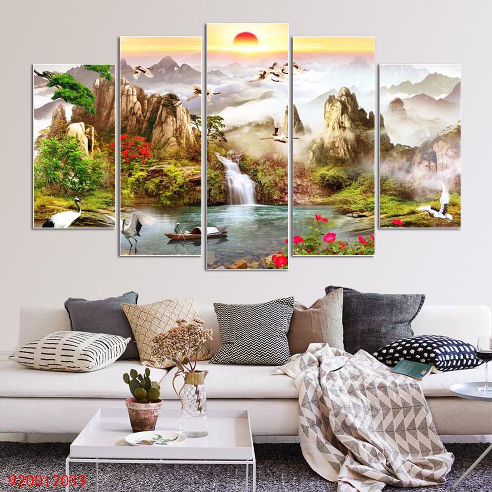 Tranh dán tường phòng khách Sơn Thủy Hoàng Hôn 3D -  Tranh décor phòng khách, phòng ngủ phong cách hiện đại