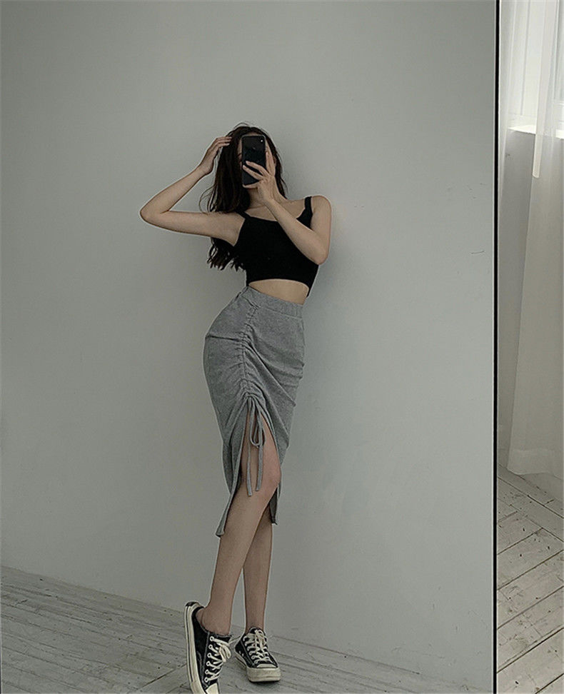 Chân váy xẻ tà dây rút dáng dài chân váy midi ulzzang nữ