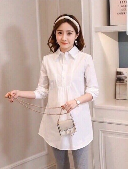 Áo bầu sơ mi trắng dài tay xinh mới